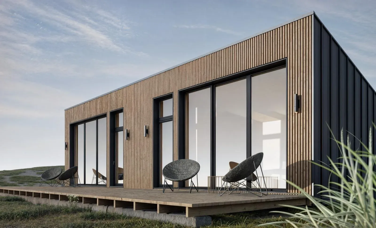 Modulaire woning Hofn van Bouw Art met houten gevelbekleding en terras